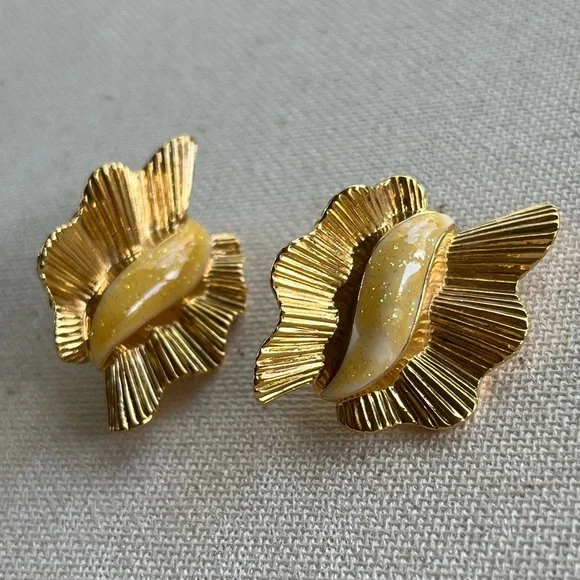 Vintage Gold Ruffle Earrings with Glitter Enamel Accent - Picture 3 of 5